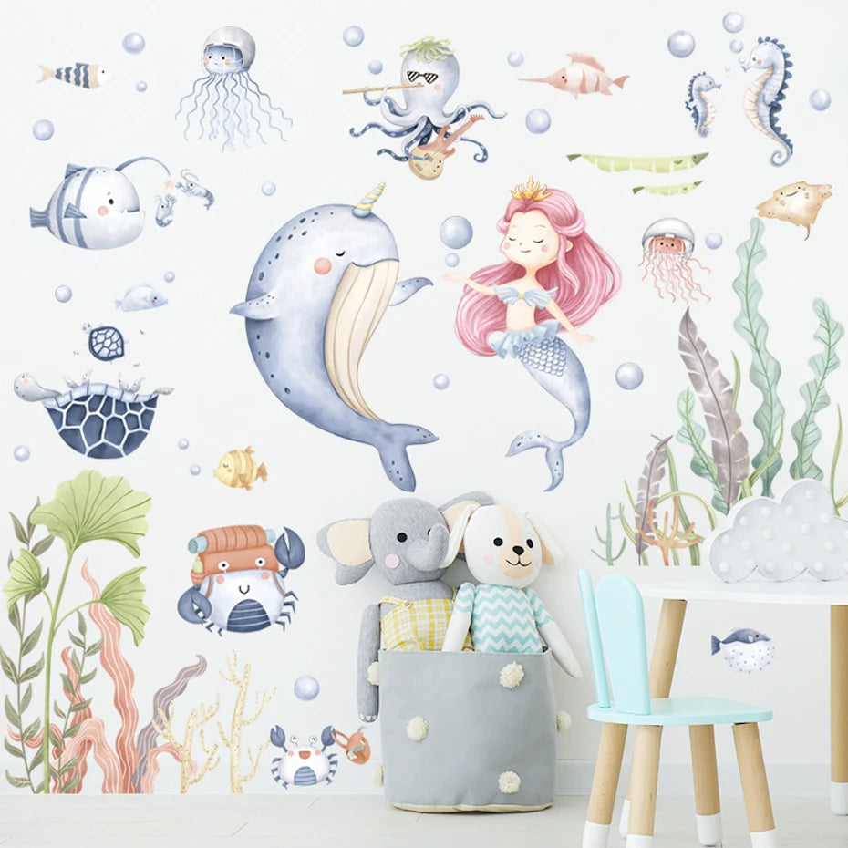 Marine life with Mermaid in Watercolor | Wall Sticker | Peel and Stick