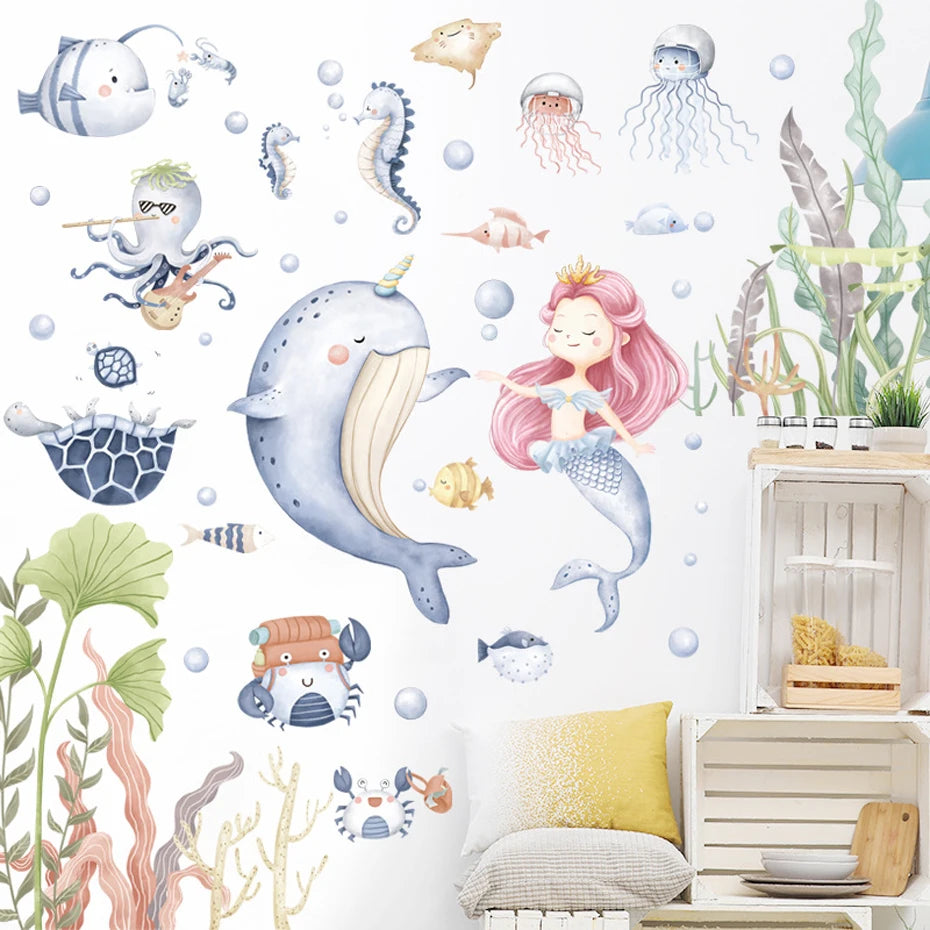 Marine life with Mermaid in Watercolor | Wall Sticker | Peel and Stick