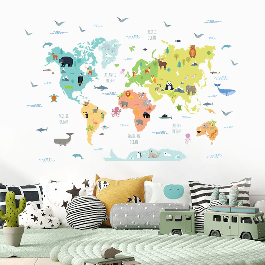 World Map Cartoon Animals | Wall Sticker | Peel and Stick