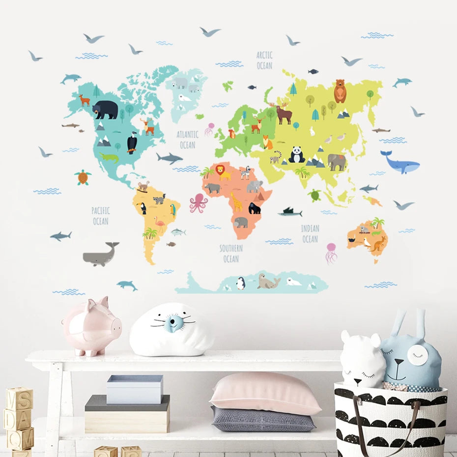 World Map Cartoon Animals | Wall Sticker | Peel and Stick