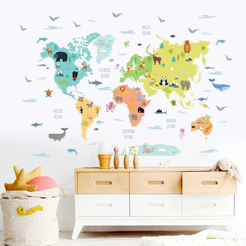 World Map Cartoon Animals | Wall Sticker | Peel and Stick