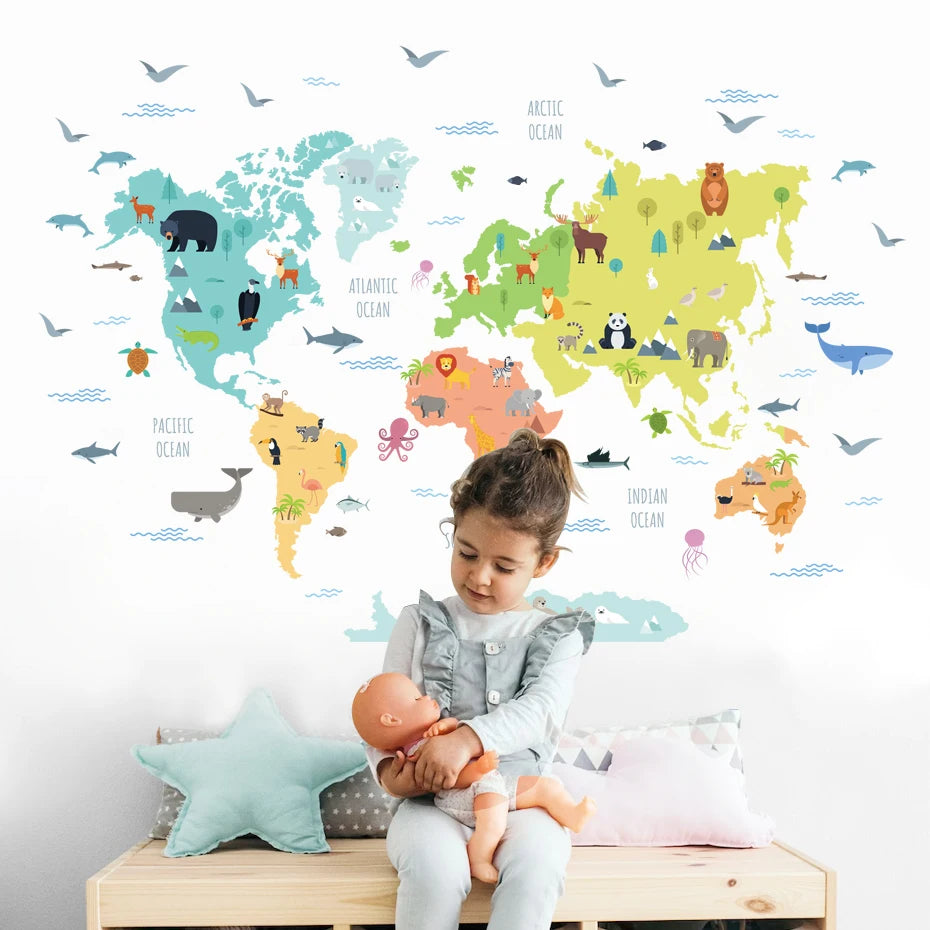 World Map Cartoon Animals | Wall Sticker | Peel and Stick