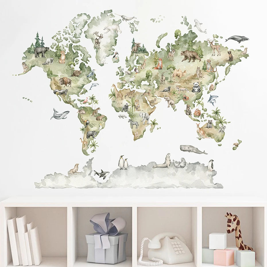 World Map Widelife in Watercolor | Wall Sticker | Peel and Stick