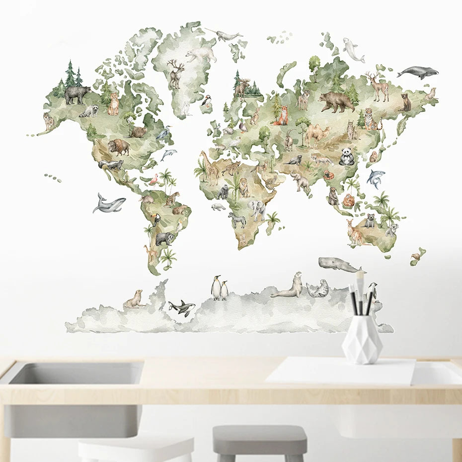 World Map Widelife in Watercolor | Wall Sticker | Peel and Stick