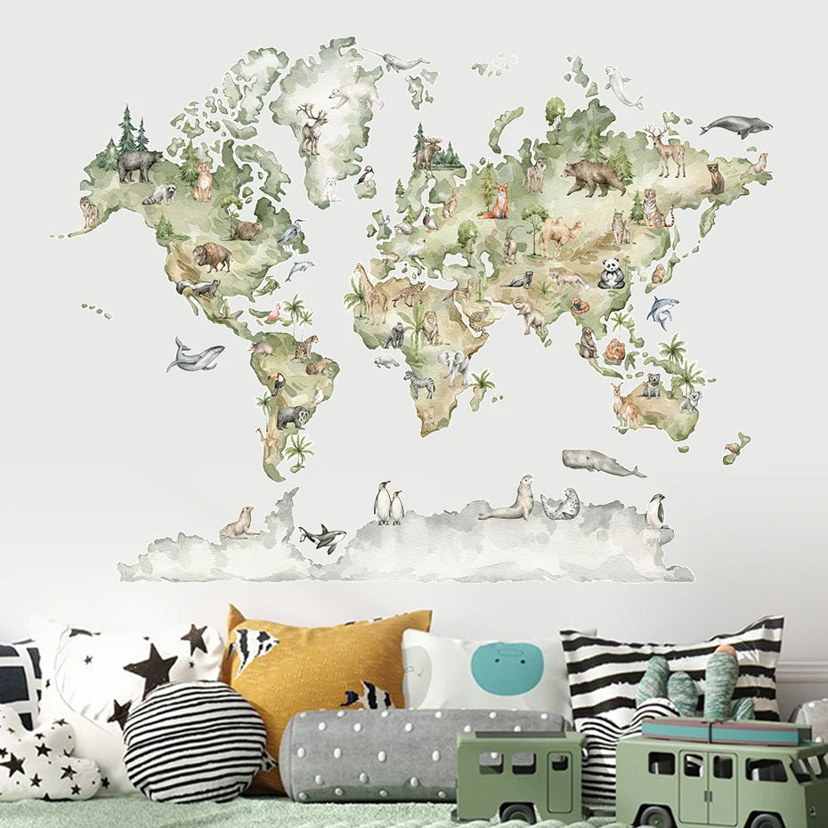 World Map Widelife in Watercolor | Wall Sticker | Peel and Stick