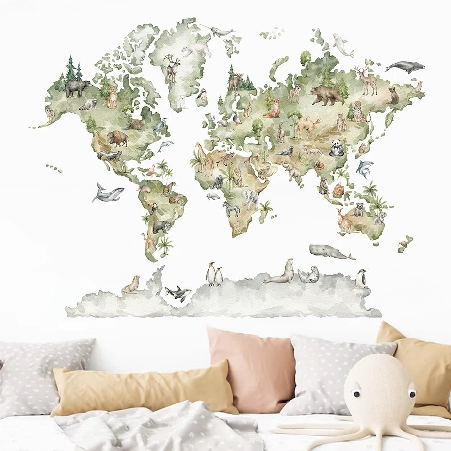 World Map Widelife in Watercolor | Wall Sticker | Peel and Stick